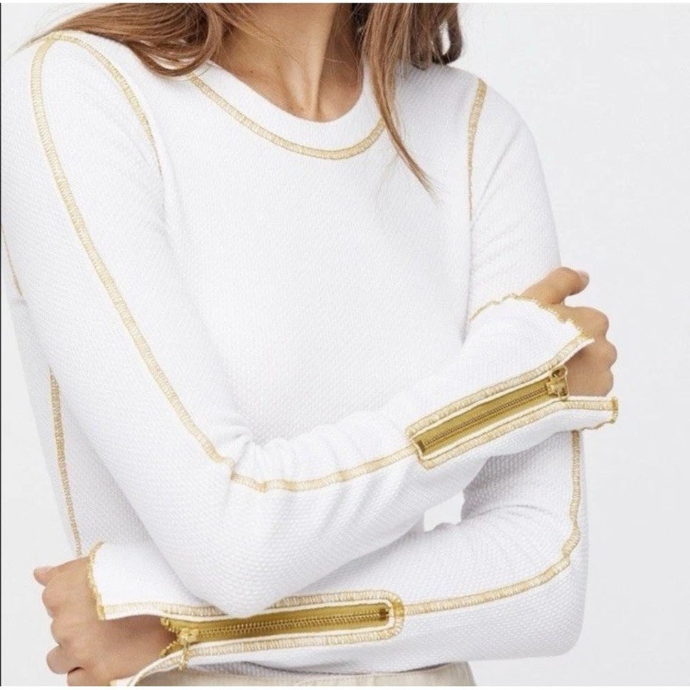 Free People Zip It White Waffle Thermal Gold Stitching And Zipper Cuffs X-Small